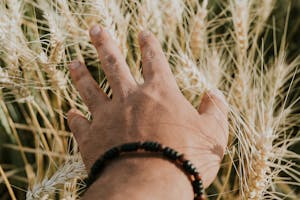 A hand adorned with a bracelet gently touches golden wheat in a sunlit field.